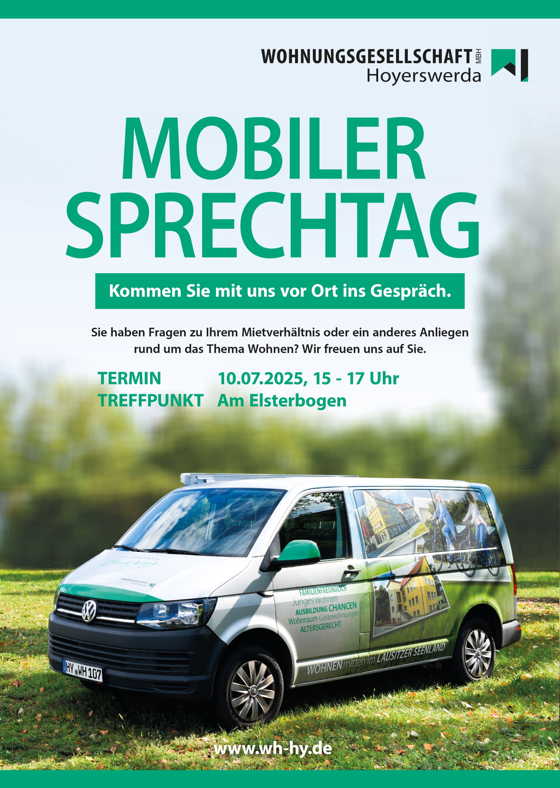Info-Plakat zur Bewerbung des Mobilen Sprechtag am 10. Juli 2025 - darauf ein VW Transporter mit großer Werbebeschriftung
